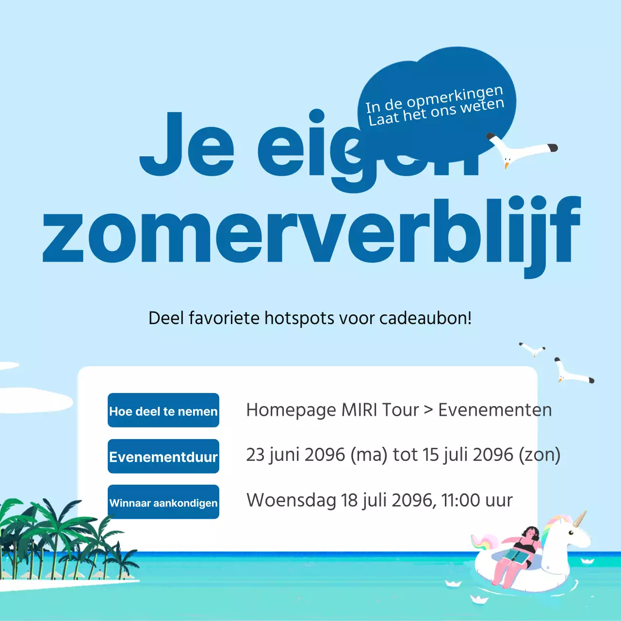 Promoot een lichtblauw en marineblauw evenement voor zomercommentaar