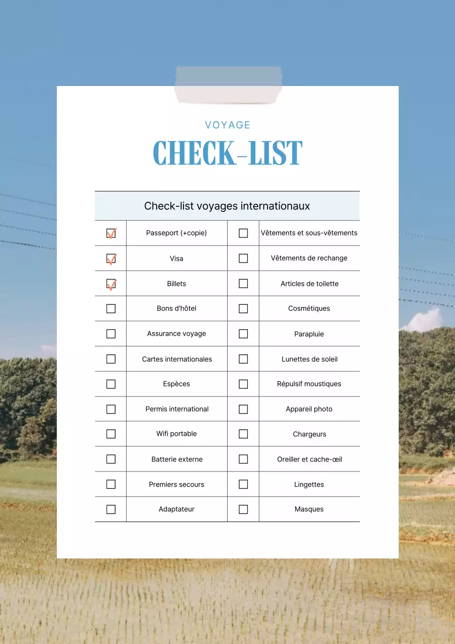 Un simple planificateur de liste de contrôle pour l'emballage international en bleu et noir