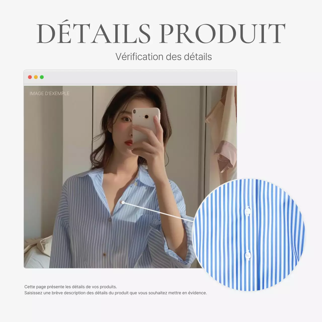 Descriptions détaillées de produits ou publicités pour un centre commercial de mode, décorées avec un style simple d'emojis blancs et gris.