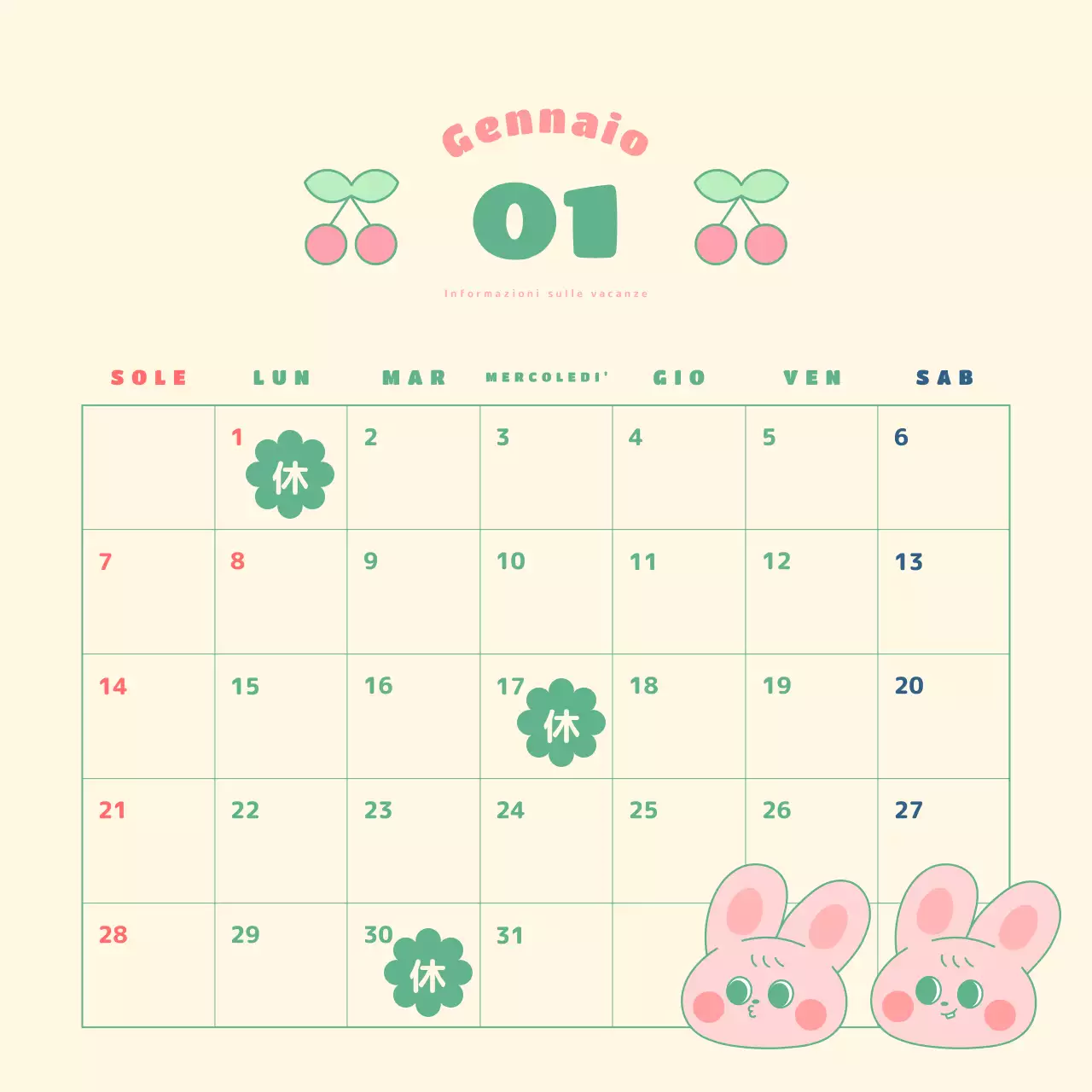 Calendario di promemoria per gli appuntamenti di vendita con illustrazioni di simpatici coniglietti gialli e verdi