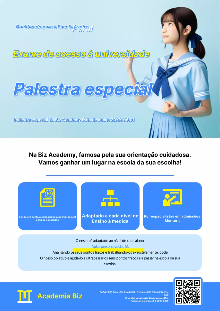 Promoção de uma escola de admissão à universidade com uma imagem azul e amarela de uma rapariga