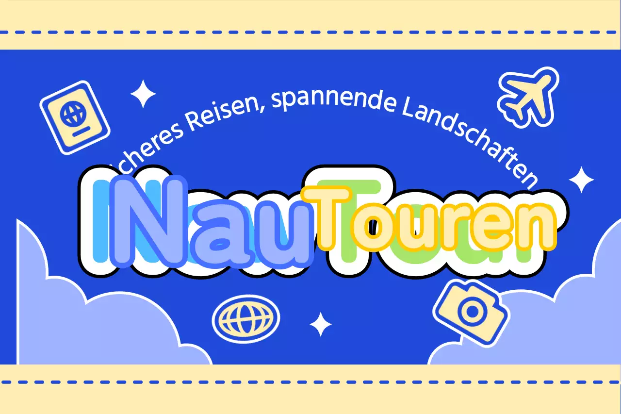 Gestalte einen niedlichen Reiseführer mit Wolken und verschiedenen Symbolen