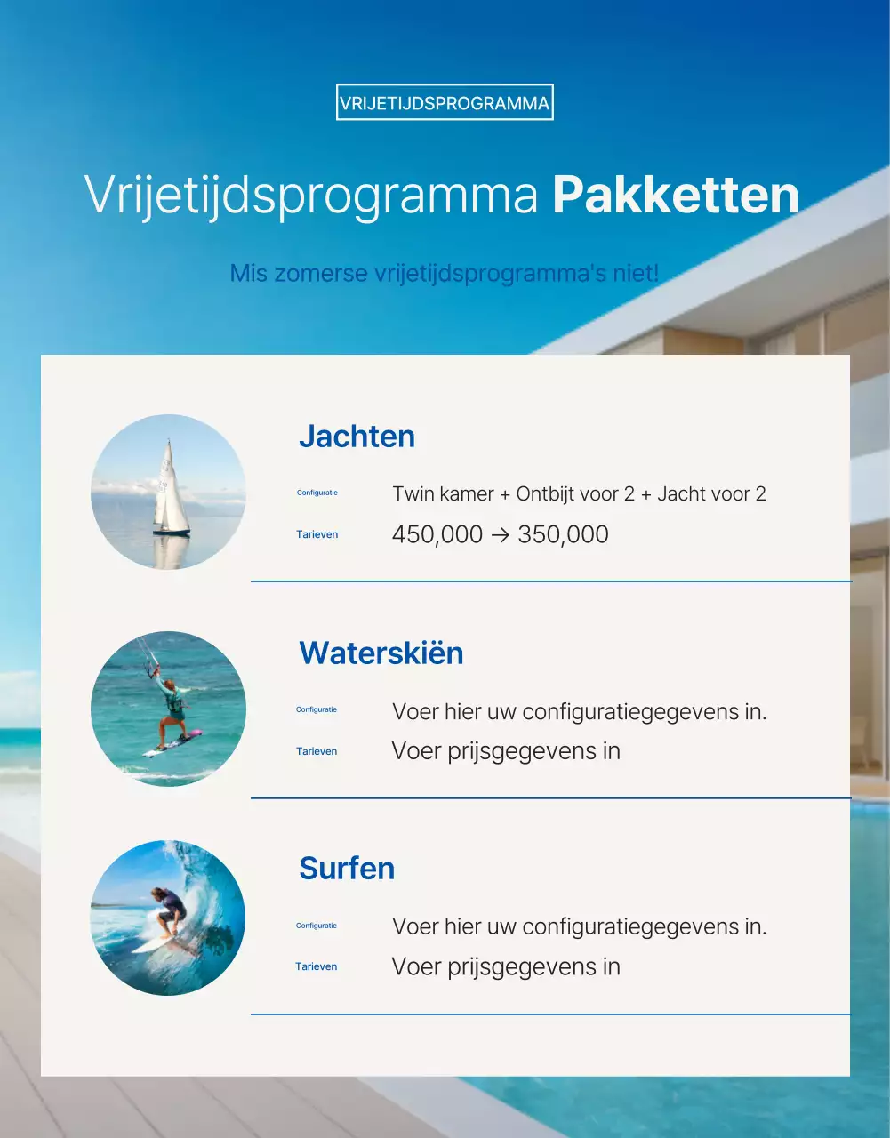 Promoot een eenvoudige hotelpromotie voor het zomerseizoen in blauw