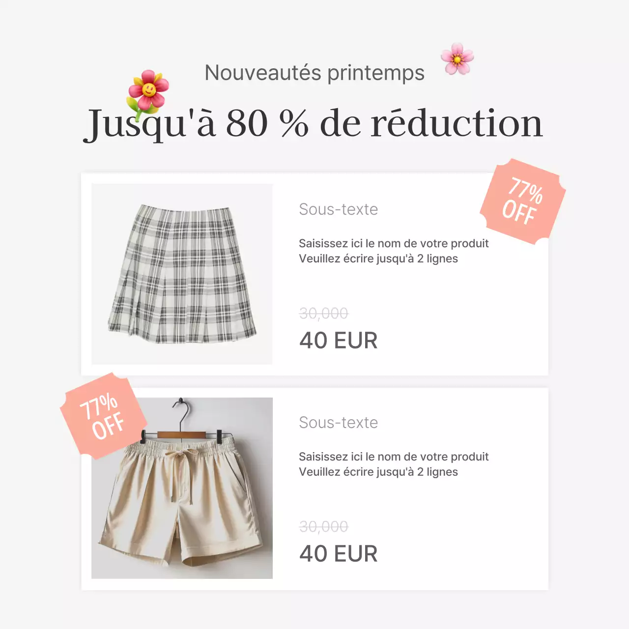 Descriptions détaillées de produits ou publicités pour un centre commercial de mode, décorées avec un style simple d'emojis blancs et gris.