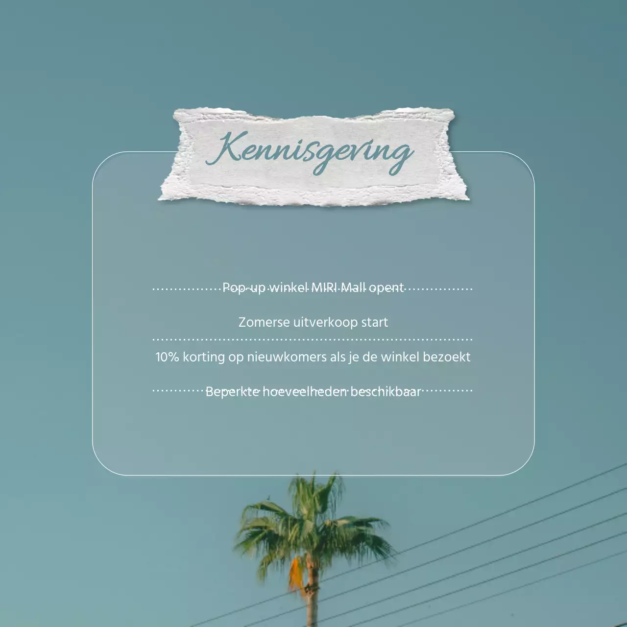 Aankondiging van de opening van een eenvoudige zomer pop-up store in lichtblauw en wit