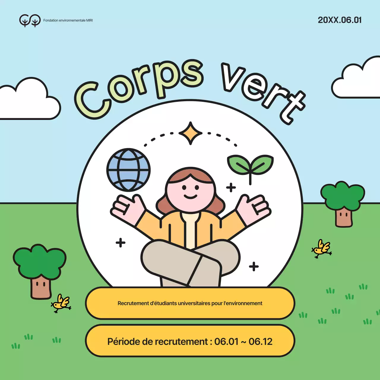 Campagne de recrutement d'étudiants universitaires verts et jaunes volontaires pour l'environnement