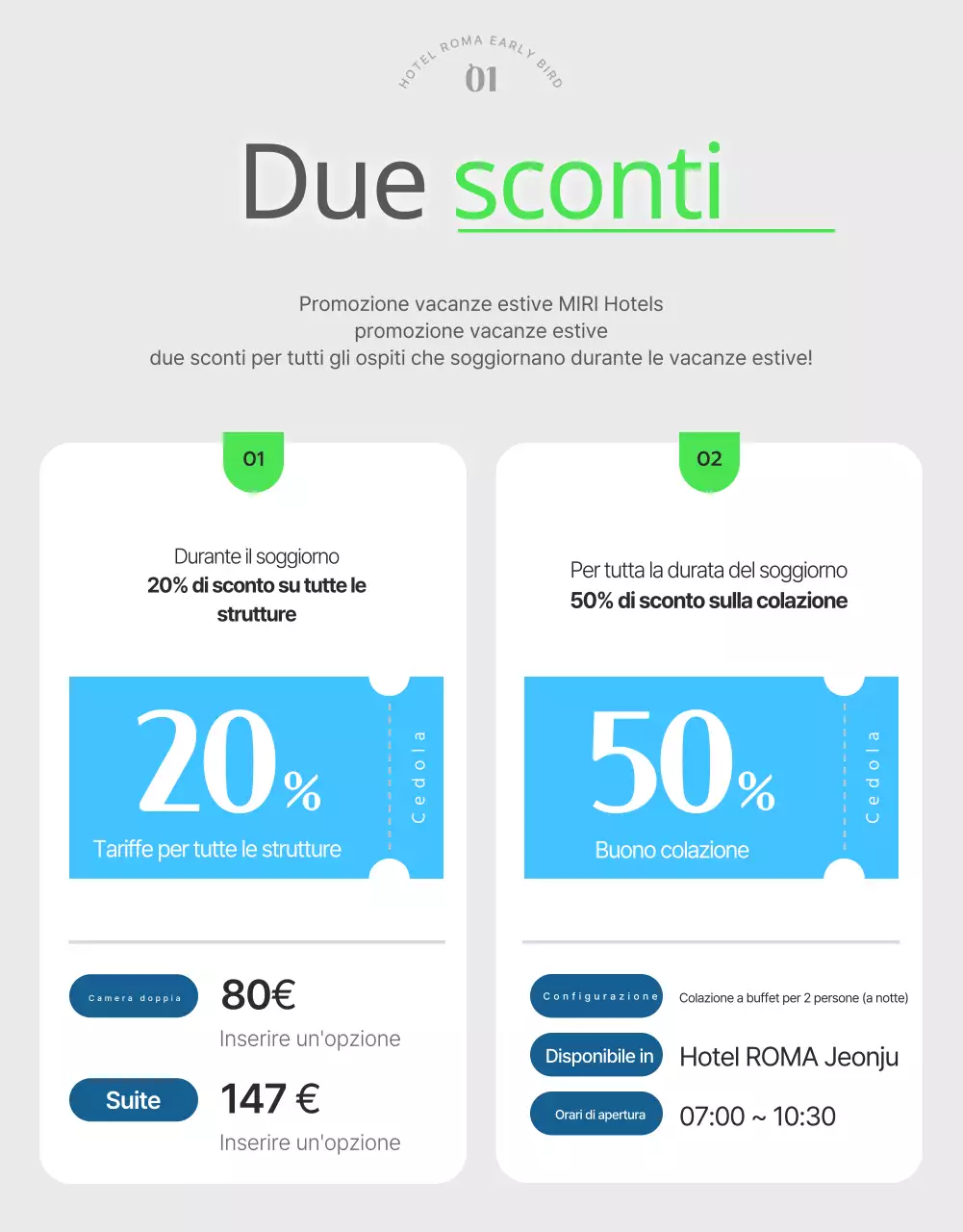 Semplice promozione estiva dell'hotel in bianco e azzurro