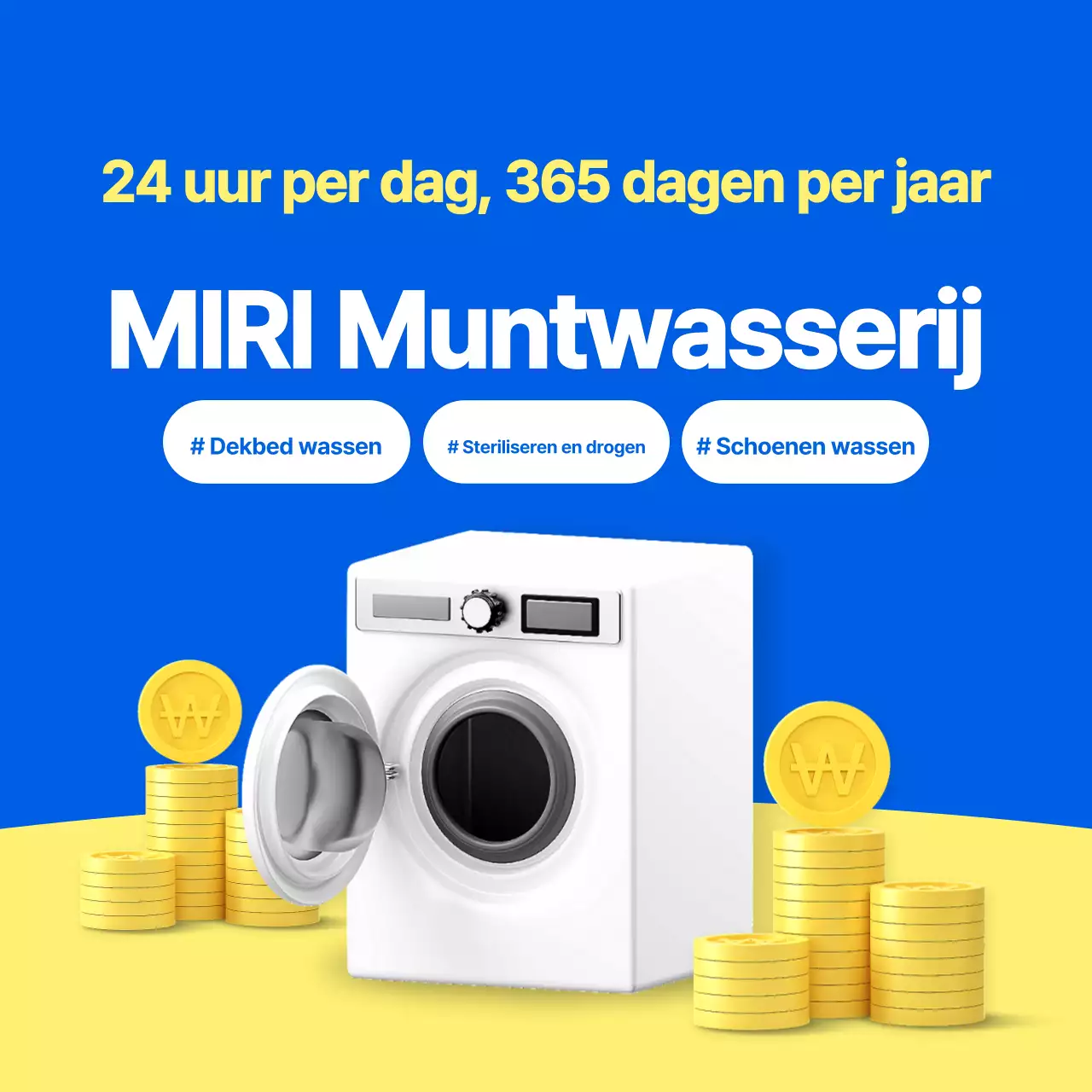 Een eenvoudige muntwasserette in blauw en geel promoten