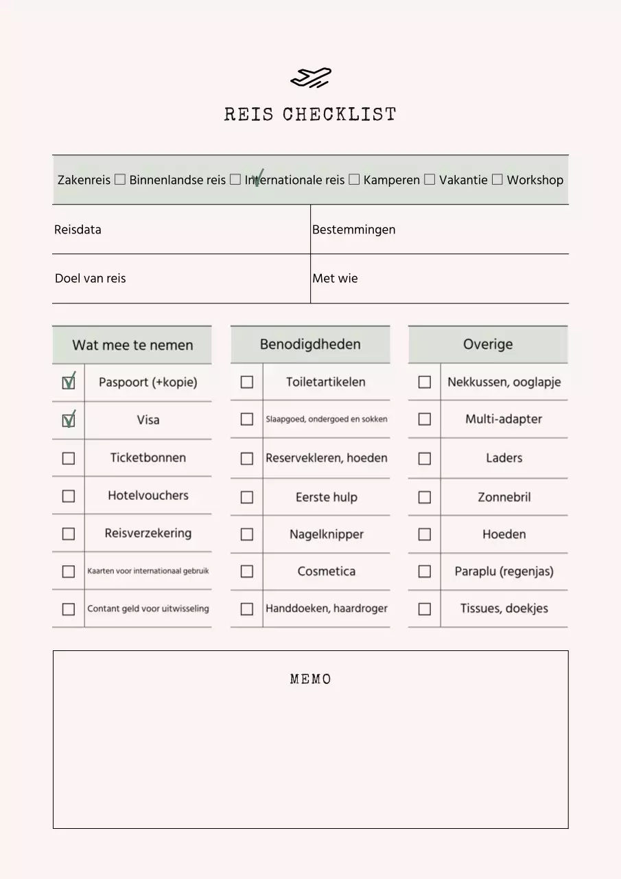 Notitieblok met eenvoudige checklist voor reisverpakkingen in ivoor en mint