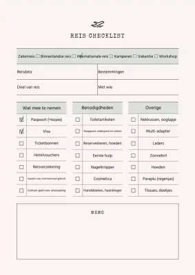 Notitieblok met eenvoudige checklist voor reisverpakkingen in ivoor en mint