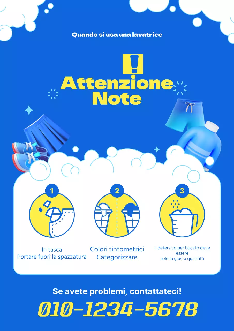 Una semplice lavanderia a gettoni gialla e blu senza personale, con un richiamo alla prudenza.