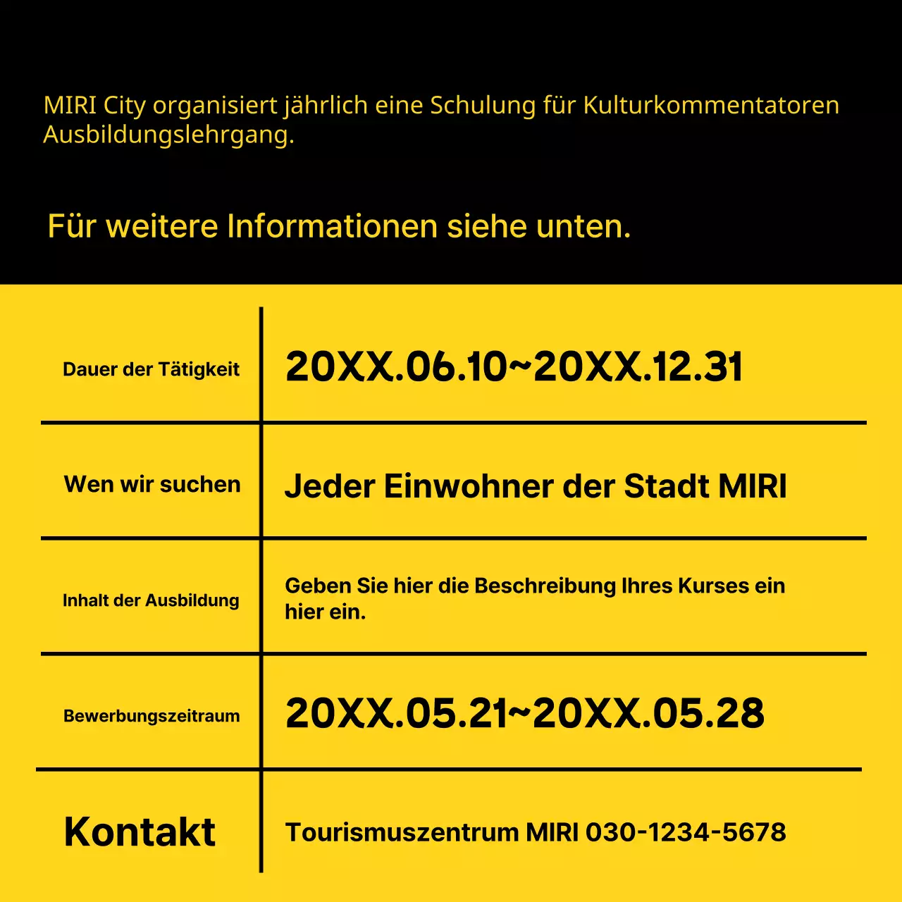 Gelbes und schwarzes minimalistisches Rekrutierungsfeld für Kulturkommentatoren