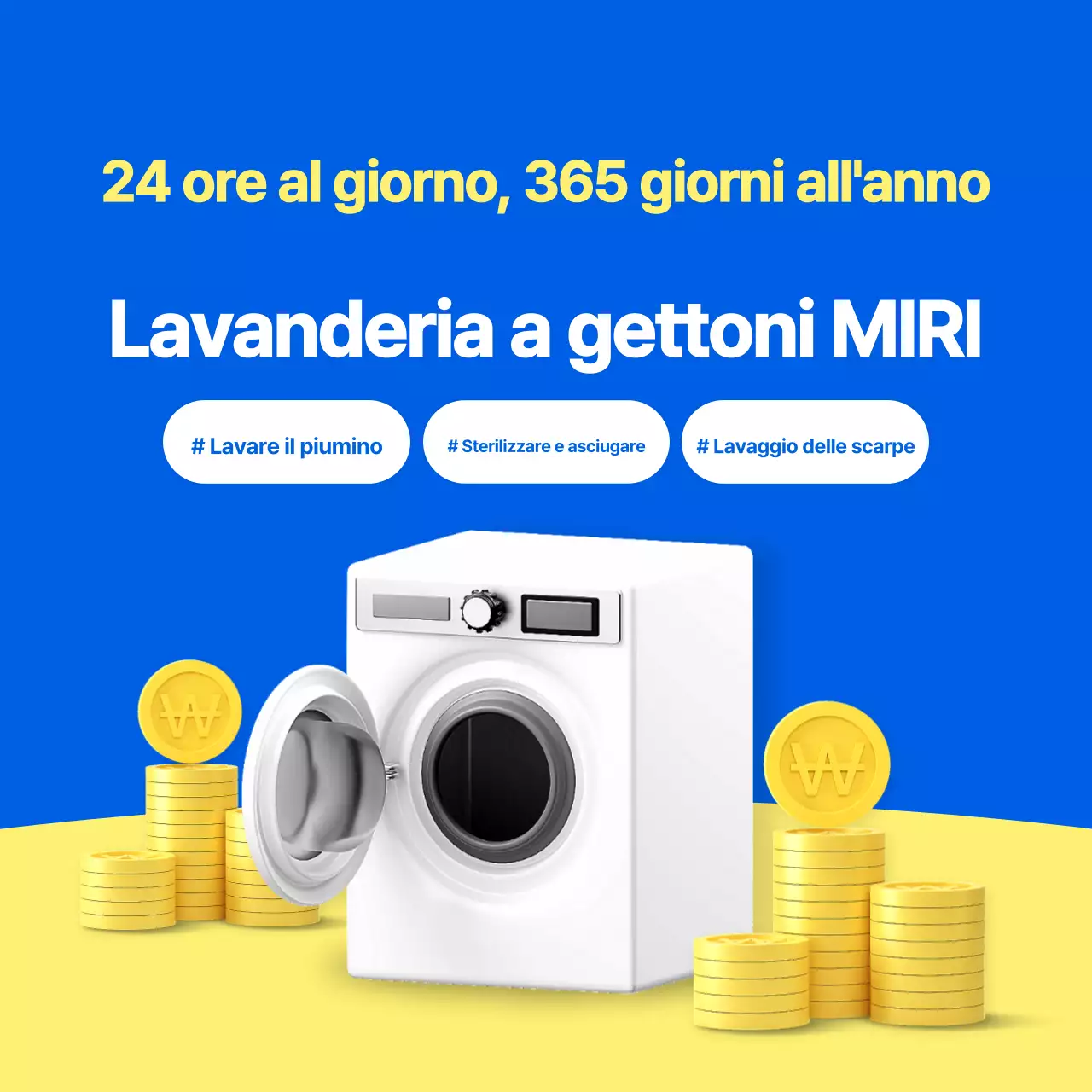 Promuovere una semplice lavanderia a gettoni in blu e giallo