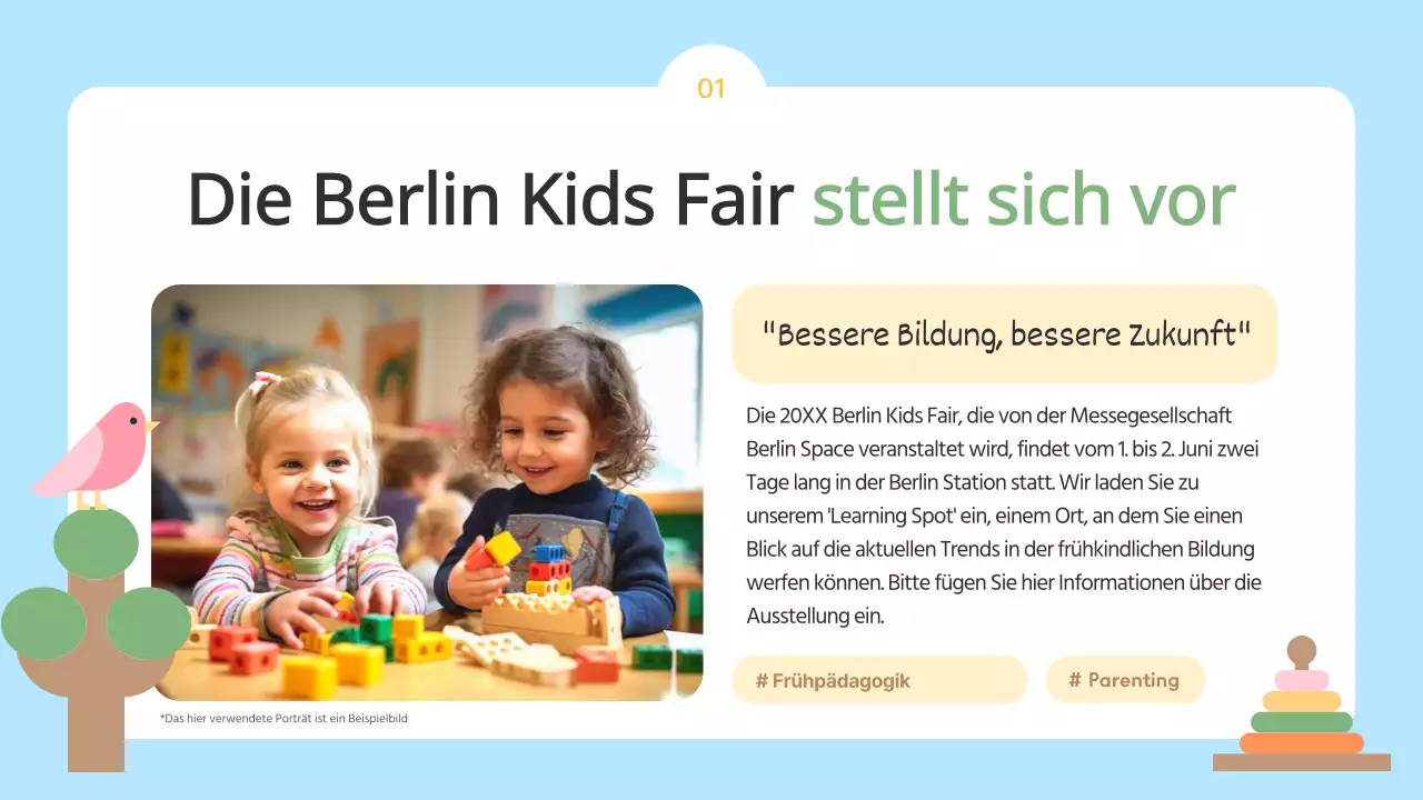 Der hellblaue und gelbe Aufruf für Aussteller auf der Kids Fair