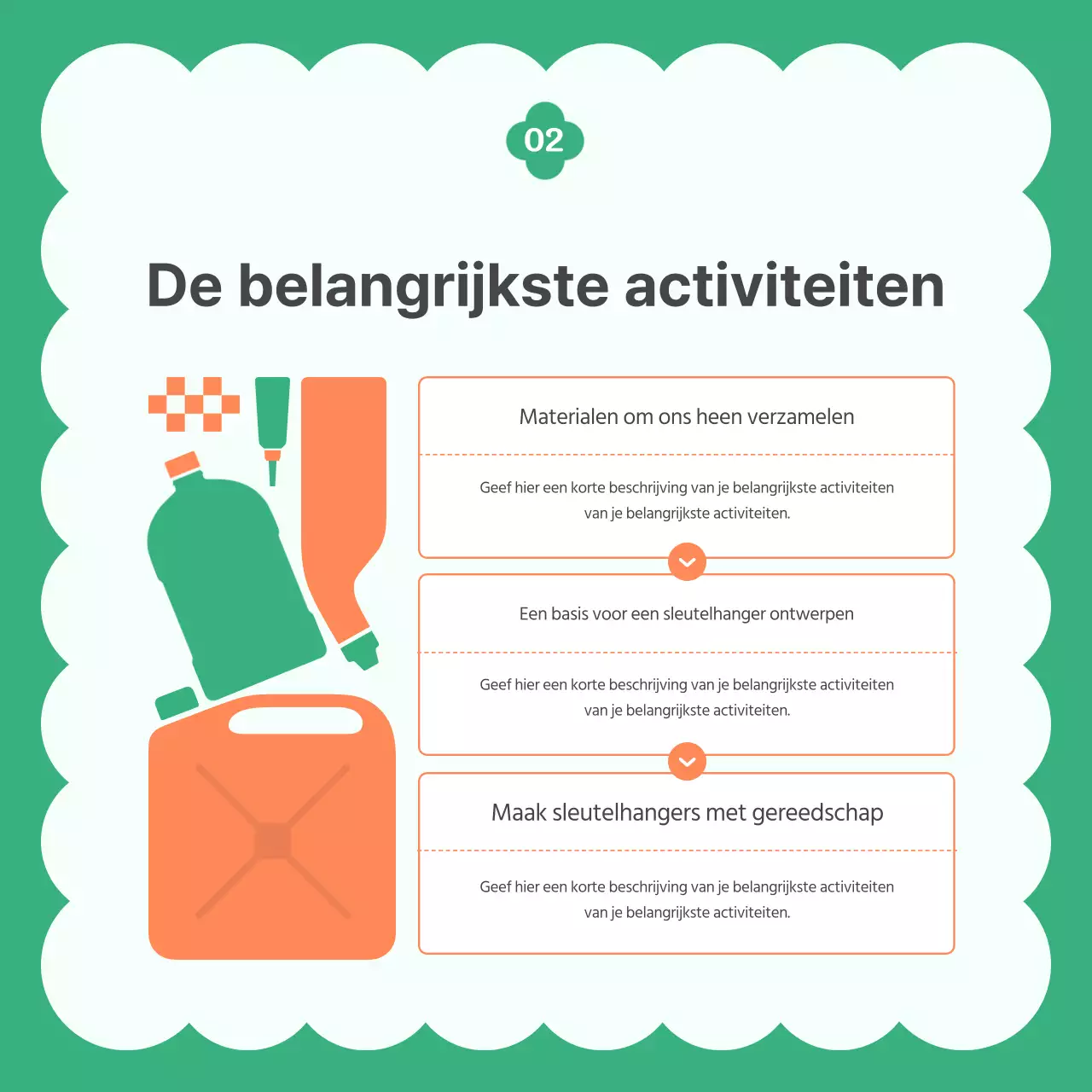 Maak moderne upcyclede goederen in oranje en groene post