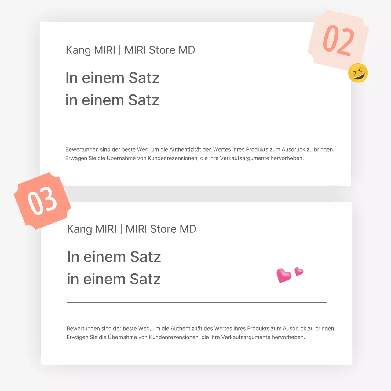 Eine Rezension oder Werbung für ein Modegeschäft mit einem einfachen weißen und grauen Emoji-Stil.
