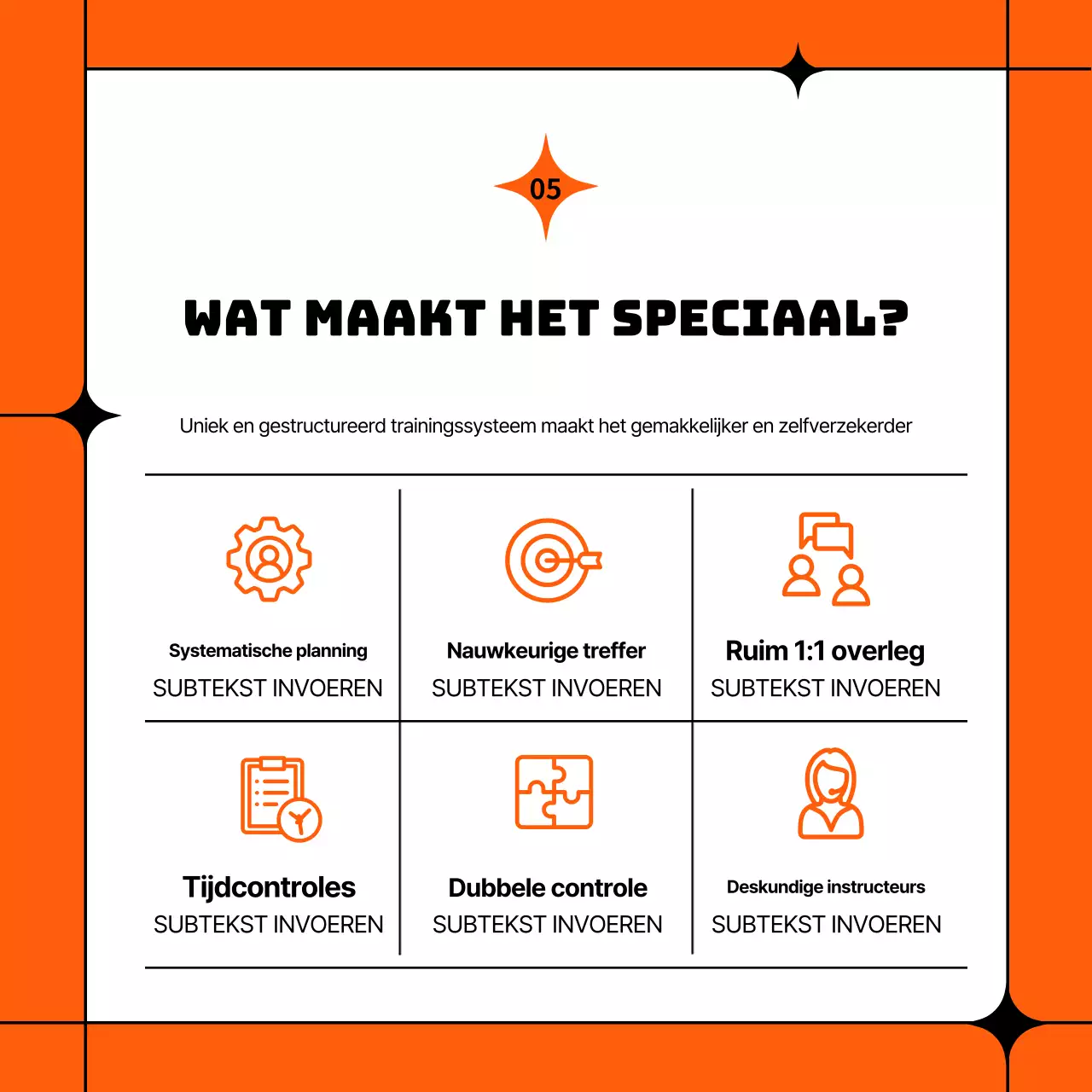Eenvoudig oranje en zwart schoolprospectus voor halve dagen