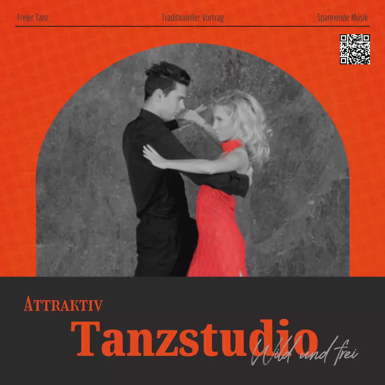 Ein Beitrag, der für ein luxuriöses Tanzstudio in Rot und Schwarz wirbt.