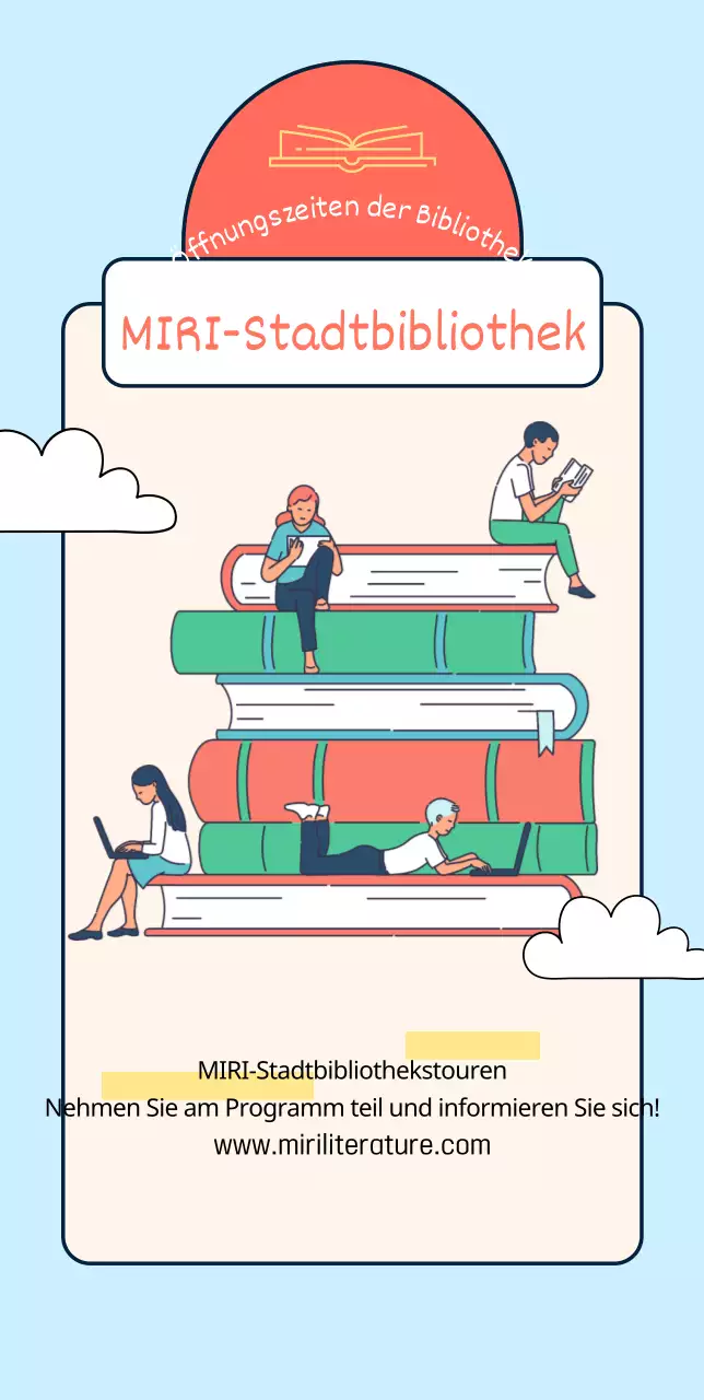 Gestaltung einer öffentlichen Bibliothek mit Abbildungen von Büchern und Menschen