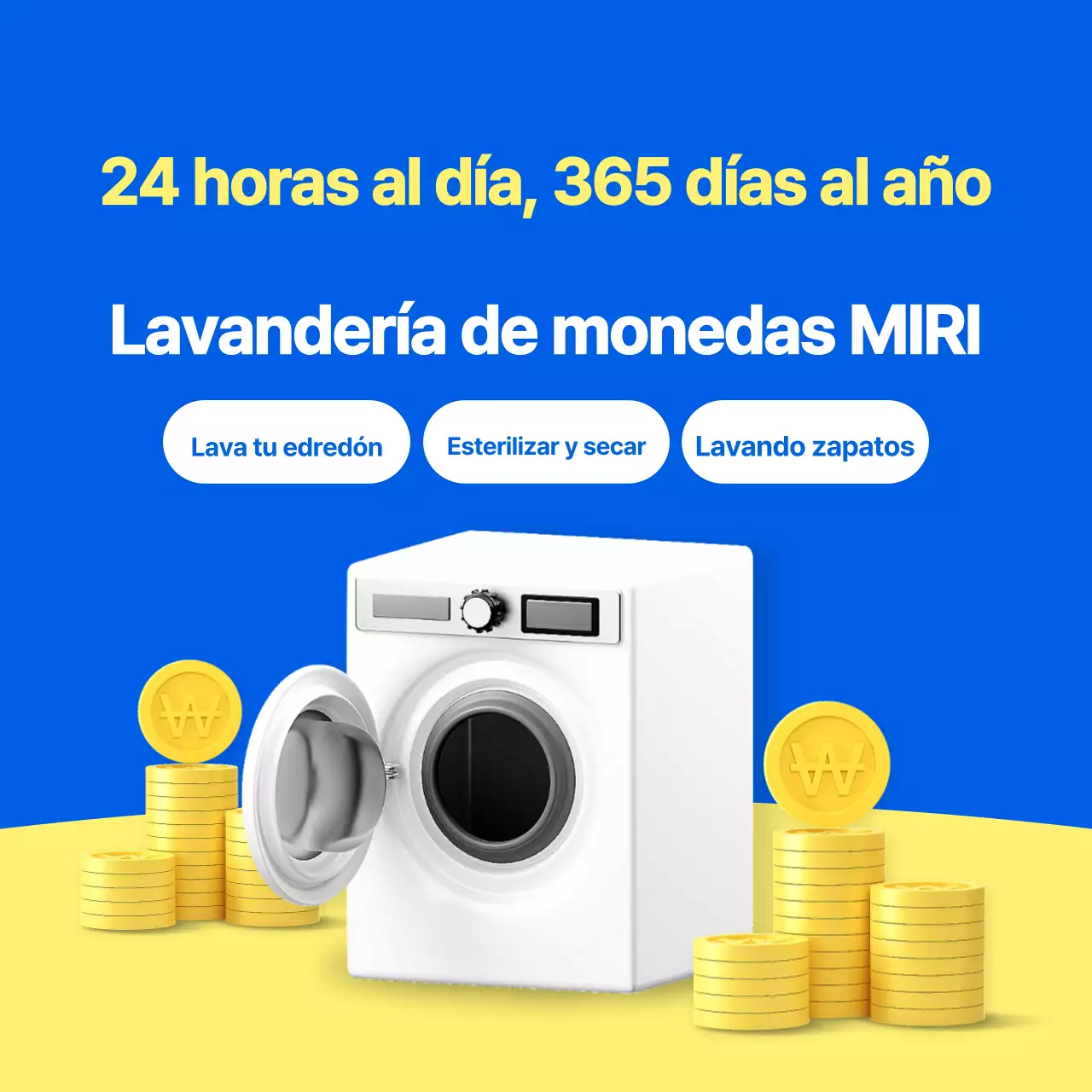 Promociona una sencilla lavandería de monedas en azul y amarillo