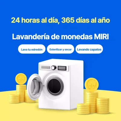 Promociona una sencilla lavandería de monedas en azul y amarillo