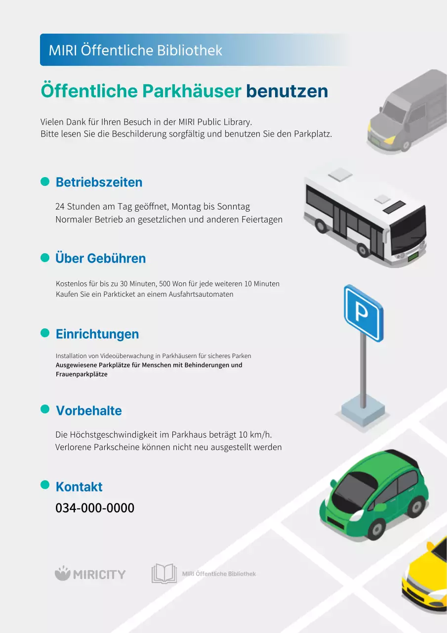 Informationen zur Nutzung der modernen blauen und grauen öffentlichen Parkplätze
