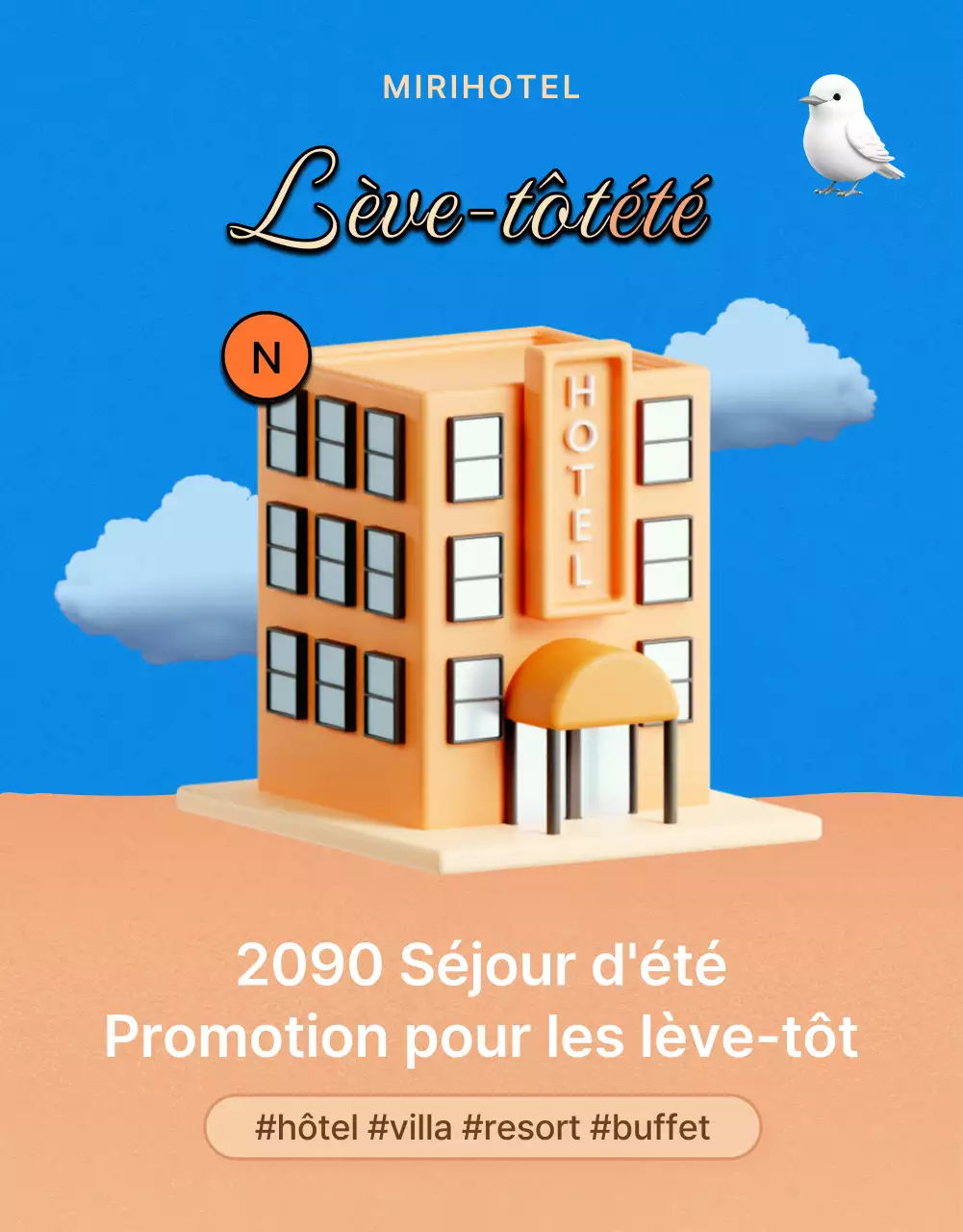 Publicité orange et bleue pour des offres d'hôtels pour l'été