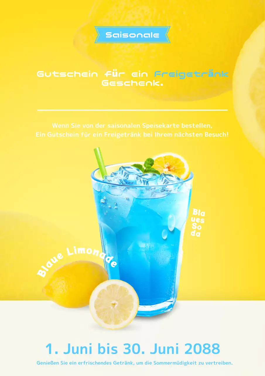 Einfache gelbe und himmelblaue Werbung für das neue Sommermenü.