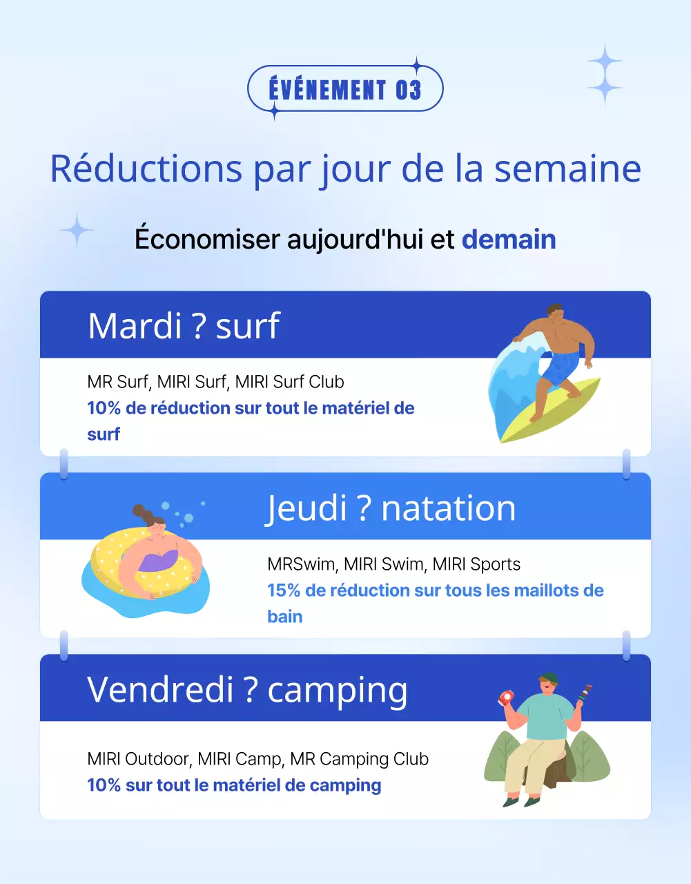 Promouvoir un étalage de marchandises estival avec des couleurs bleu et bleu clair très tendance