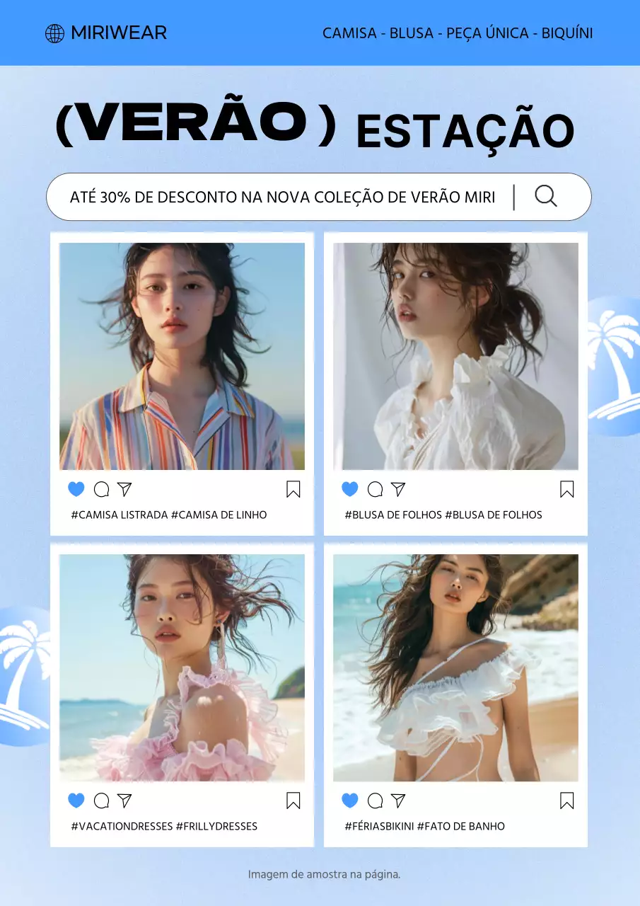 Promover descontos em roupa nova de verão nas cores azul claro e azul tendência
