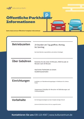 Ein Führer zu den gelben und marineblauen modernen öffentlichen Parkplätzen