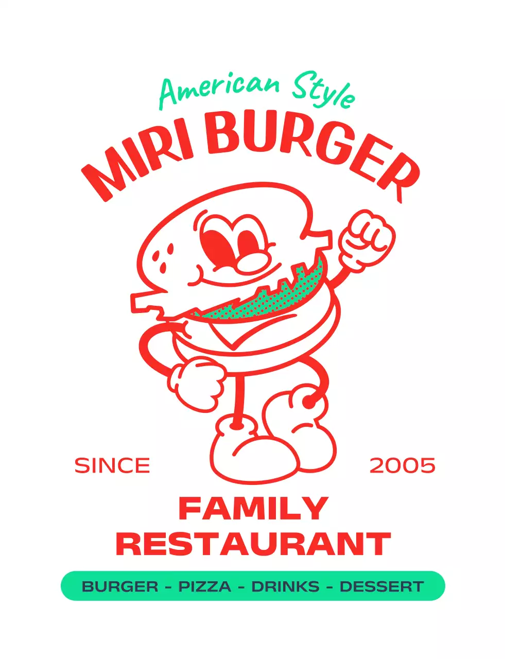 아메리칸 스타일의 햄버거 캐릭터가 들어간 로고