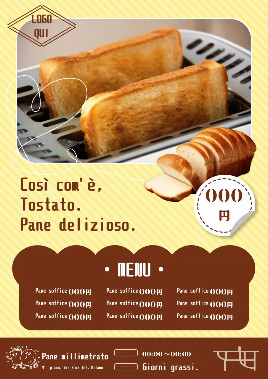 Una pubblicità di una pasticceria con un cartellino del prezzo semplice e carino in giallo