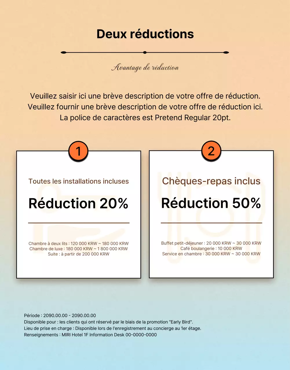 Publicité orange et bleue pour des offres d'hôtels pour l'été
