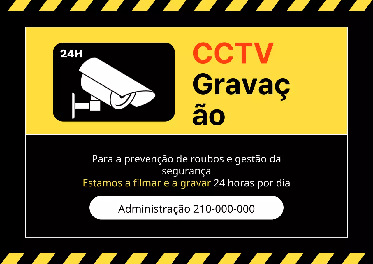 Aviso simples preto e amarelo de gravação de CCTV