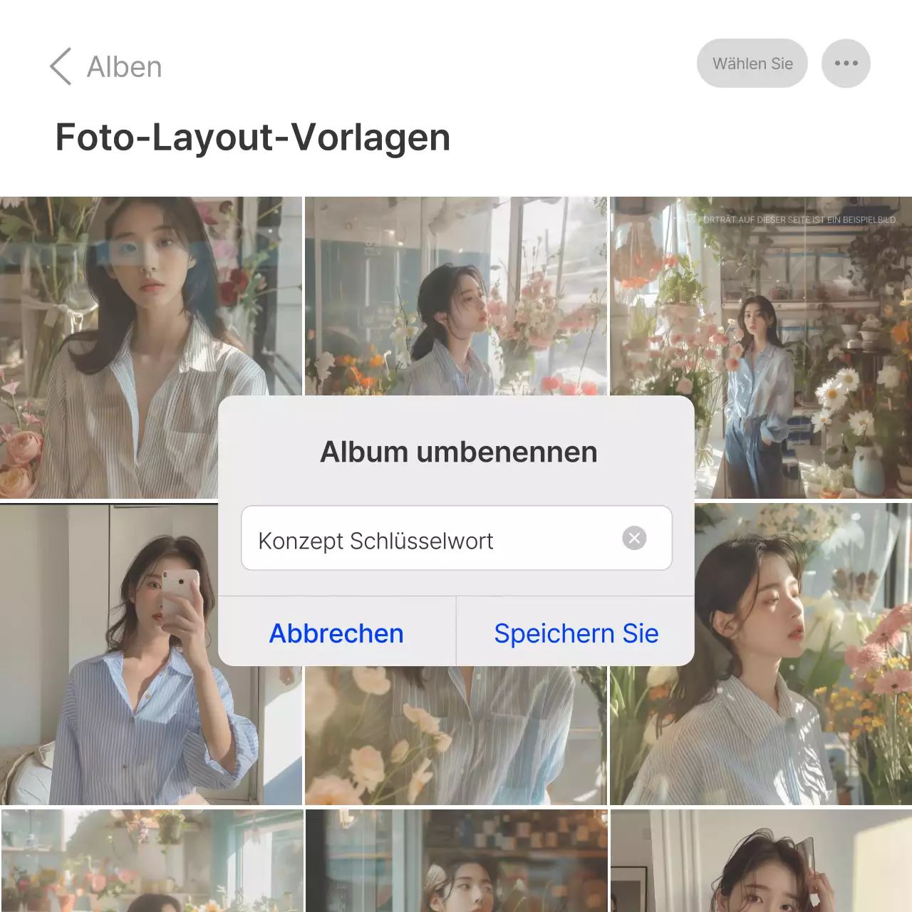 Ein Fotolayout oder eine Werbung für ein Modezentrum mit einem einfachen Stil aus weißen und grauen Emojis.