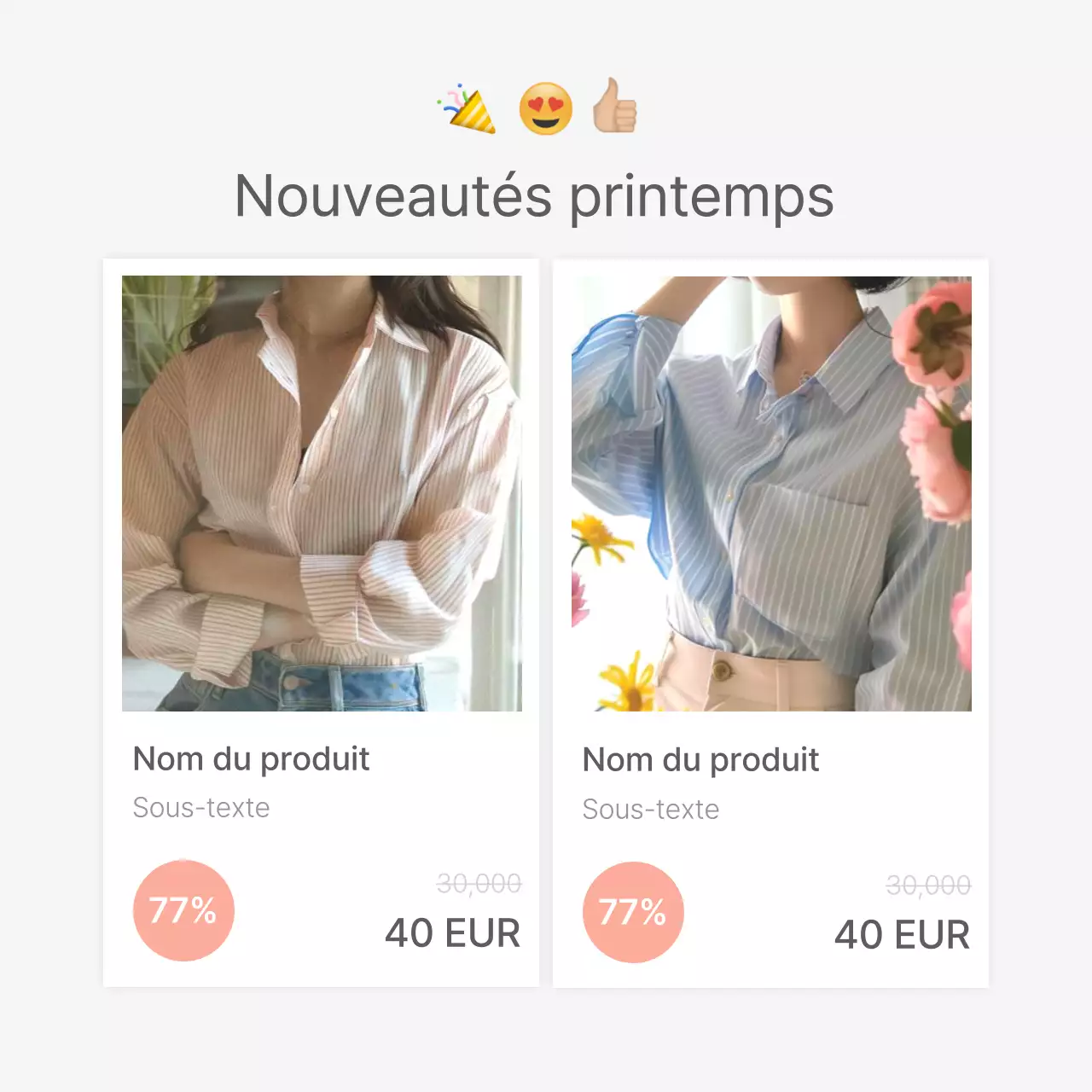Descriptions détaillées de produits ou publicités pour un centre commercial de mode, décorées avec un style simple d'emojis blancs et gris.