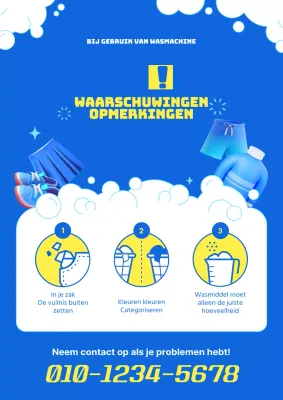 Een eenvoudige geel-blauwe onbemande wasserette met een waarschuwing om voorzichtig te zijn