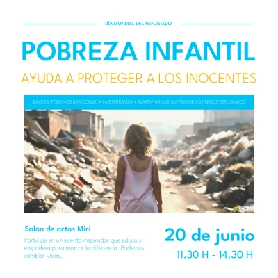 Un sencillo post de compromiso en azul claro y naranja para el Día Mundial de los Refugiados