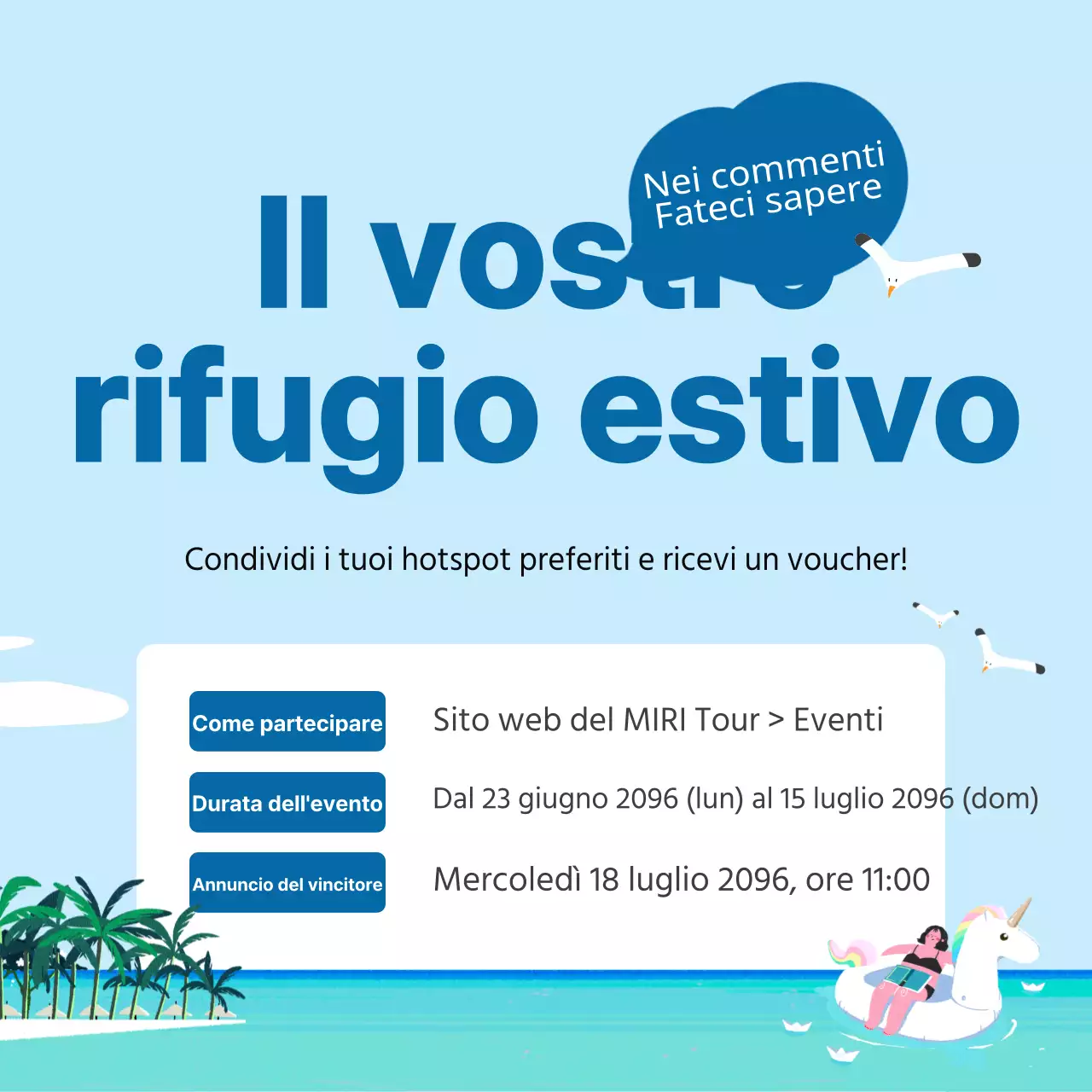 Promuovere un evento di commento estivo in azzurro e blu navy