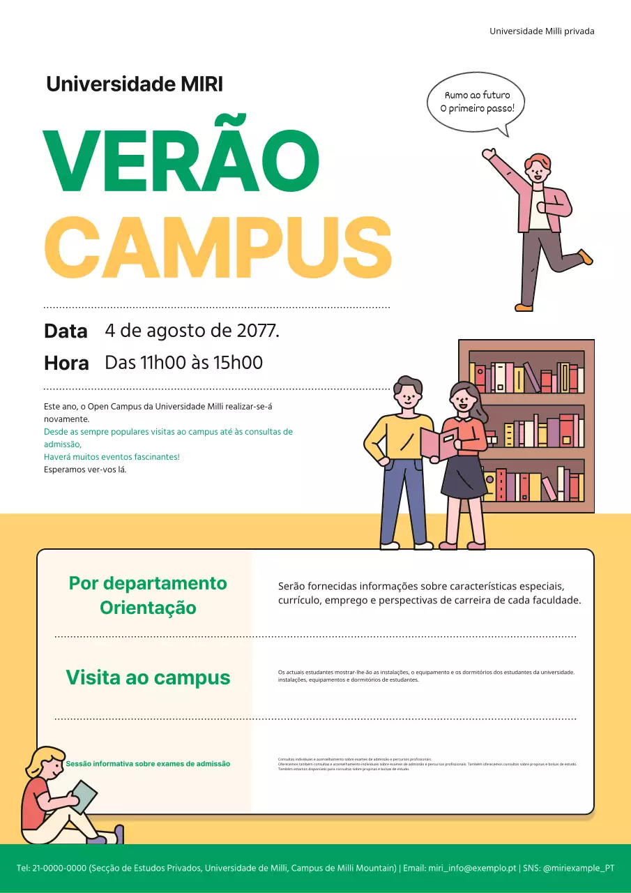 Adorável panfleto amarelo e verde de abertura do campus universitário!