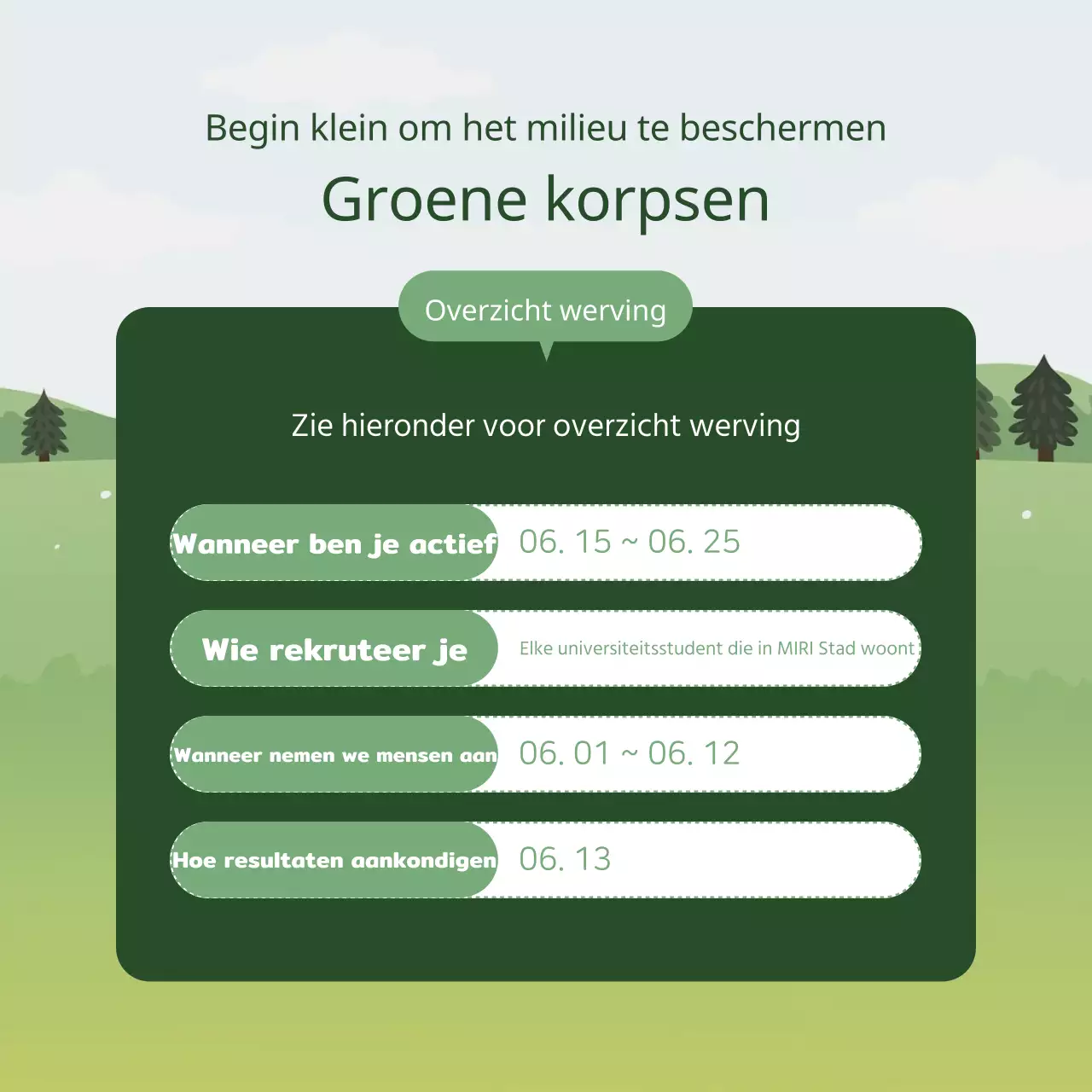 Een eenvoudige groen-witte beschrijving voor het werven van studentenvrijwilligers