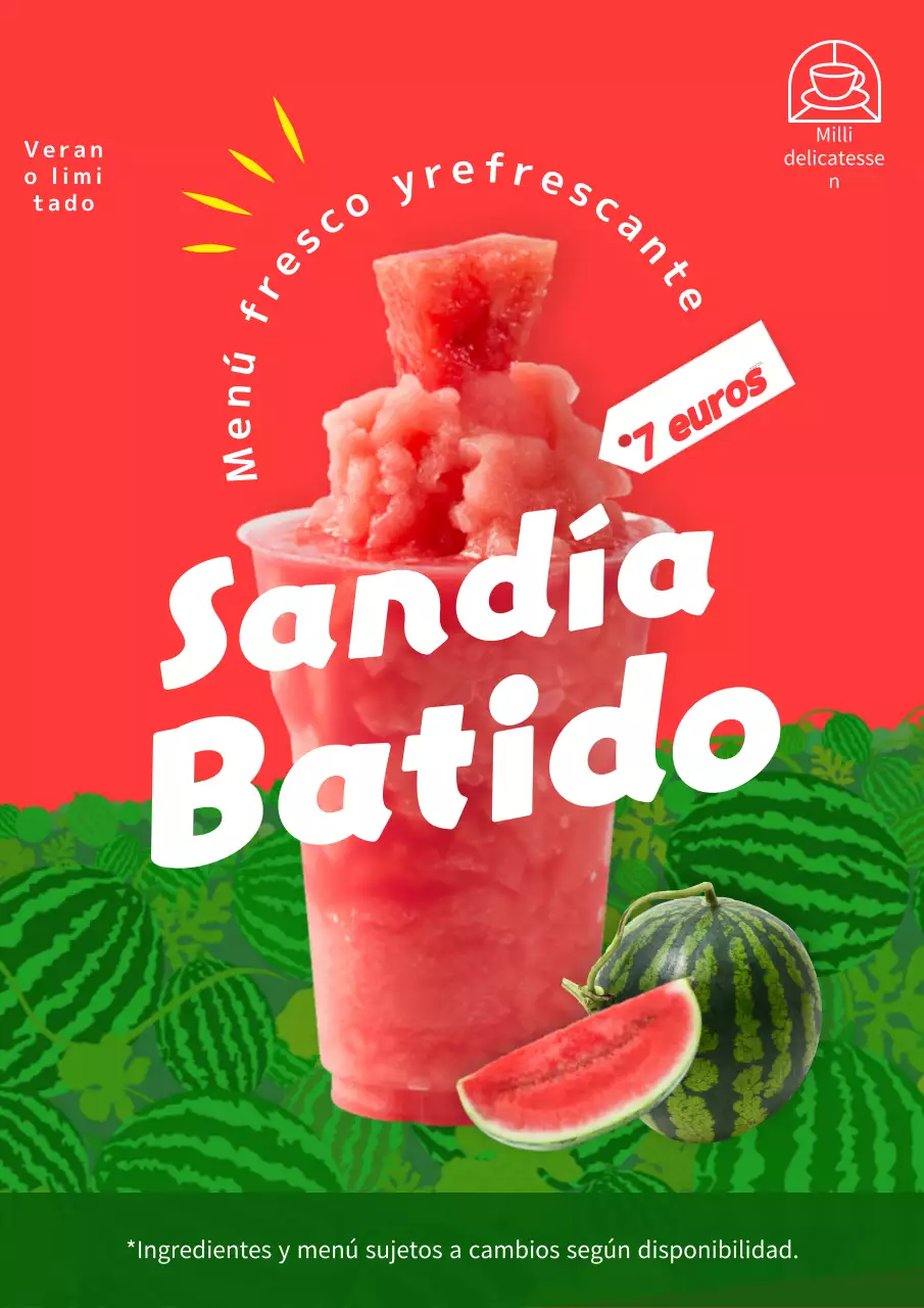 Anuncio de una nueva bebida de sandía de temporada, roja y verde, para el verano tropical