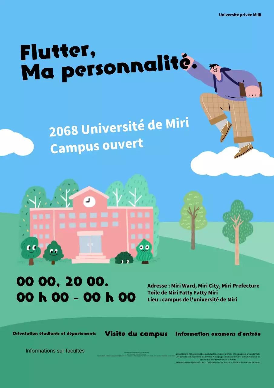 Un simple dépliant bleu clair et vert pour un campus ouvert dans une université nationale privée