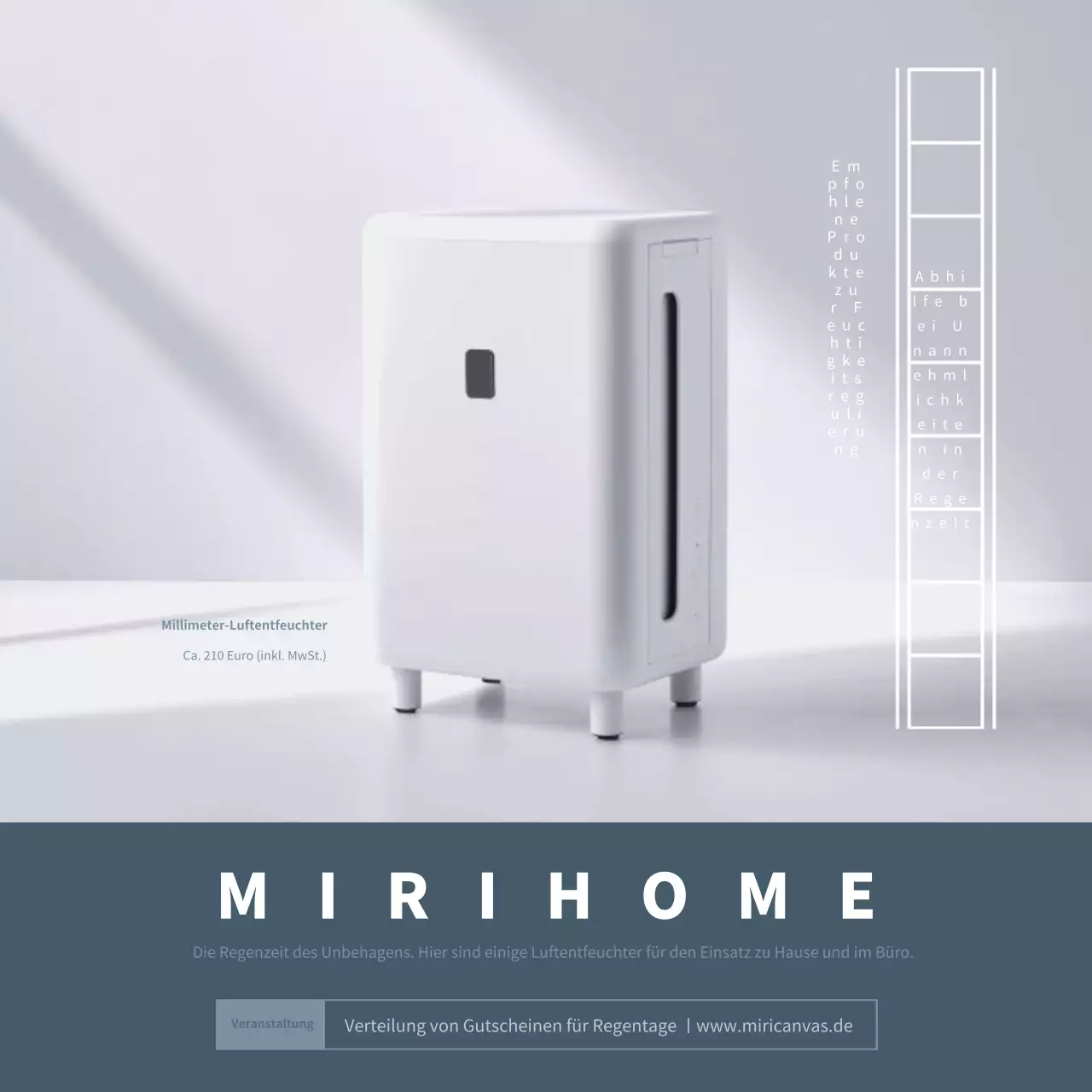 Weiße und indigoblaue minimalistische Werbung für Luftentfeuchter in der Regenzeit.