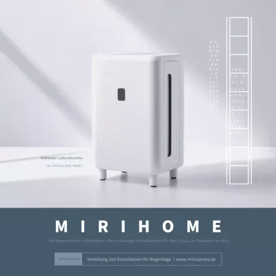 Weiße und indigoblaue minimalistische Werbung für Luftentfeuchter in der Regenzeit.