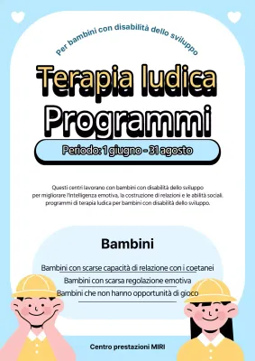 Annuncio del programma di terapia ludica semplice, giallo e azzurro