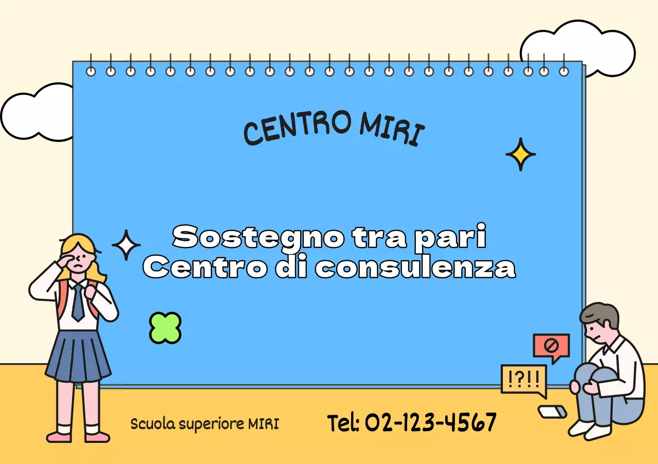 Per la promozione del centro di consulenza con illustrazioni di studenti in blu e giallo