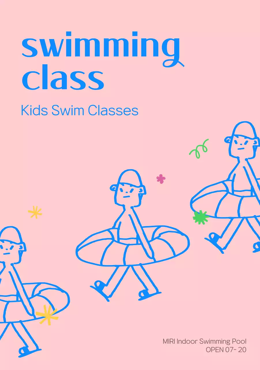 Mempromosikan pusat renang dan pendidikan jasmani anak-anak berwarna biru dan merah muda