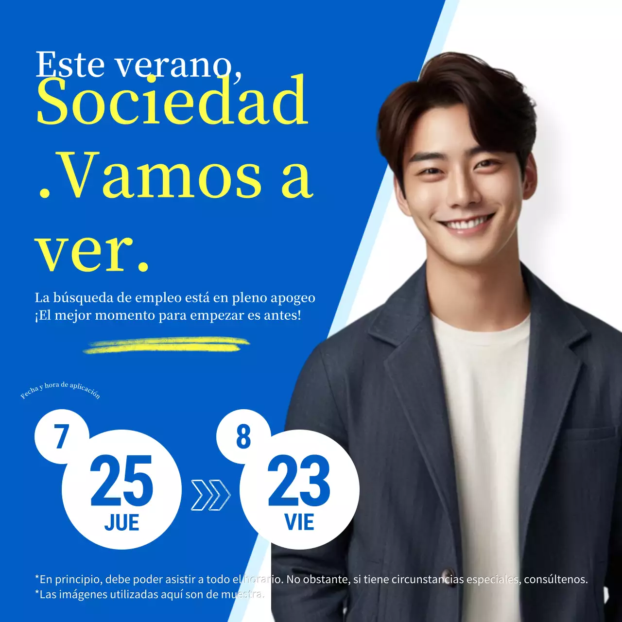 Anuncio de prácticas con vacaciones de verano azules y refrescantes